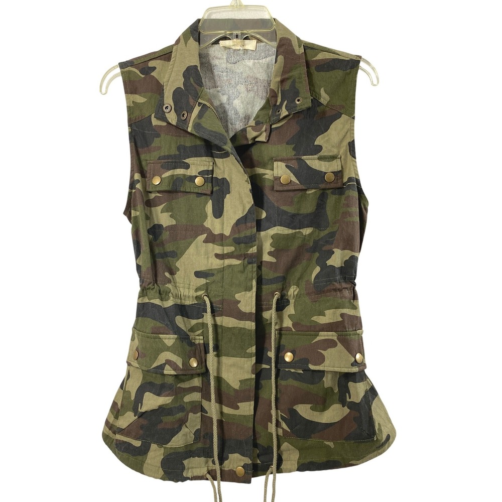 Entro Military Green Camo Utility Vest Womens Small Cargo Pockets Zip Drawstring